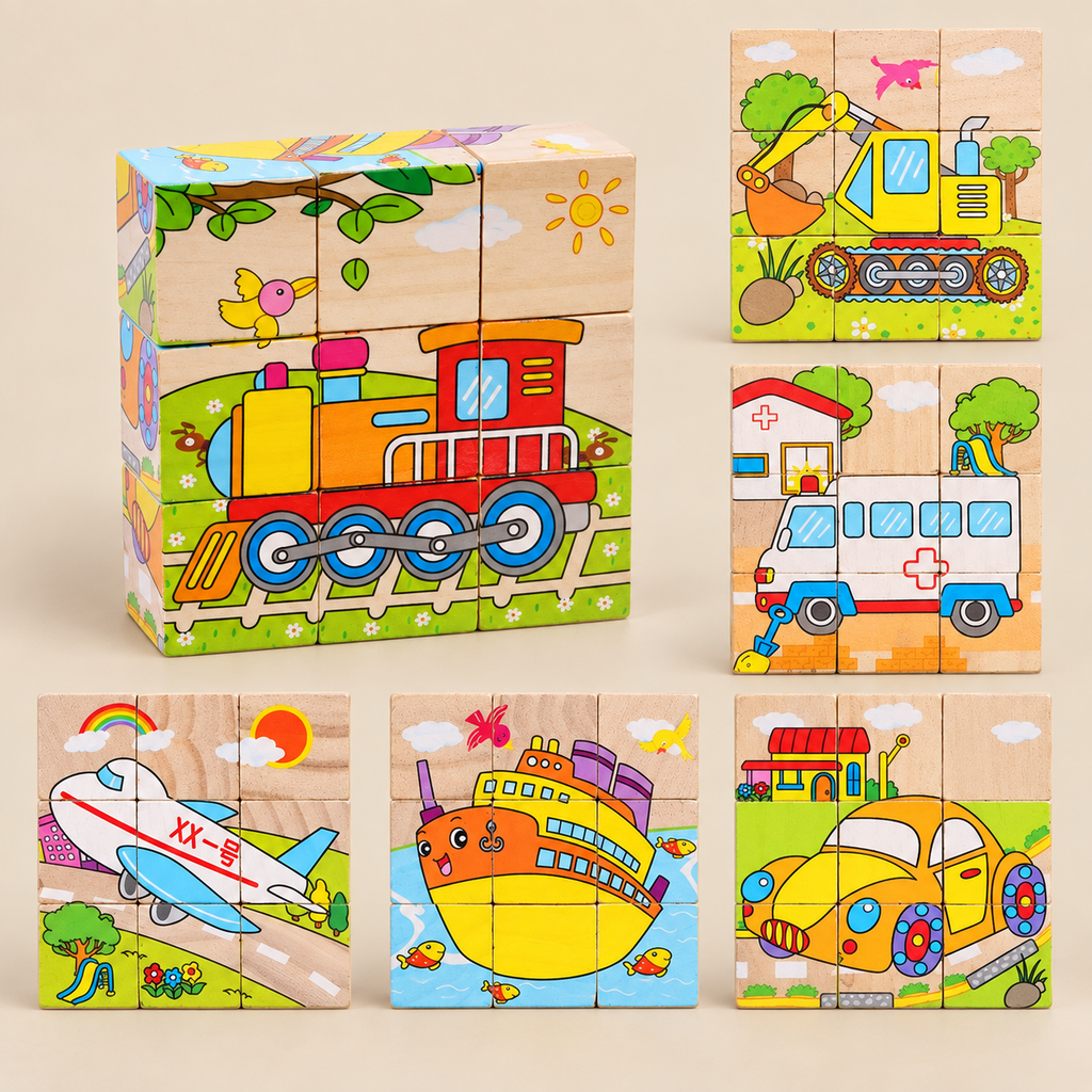 Wooden Cube Puzzle with 9 Blocks and 6 Pictures – Transport – Pivoli Toys