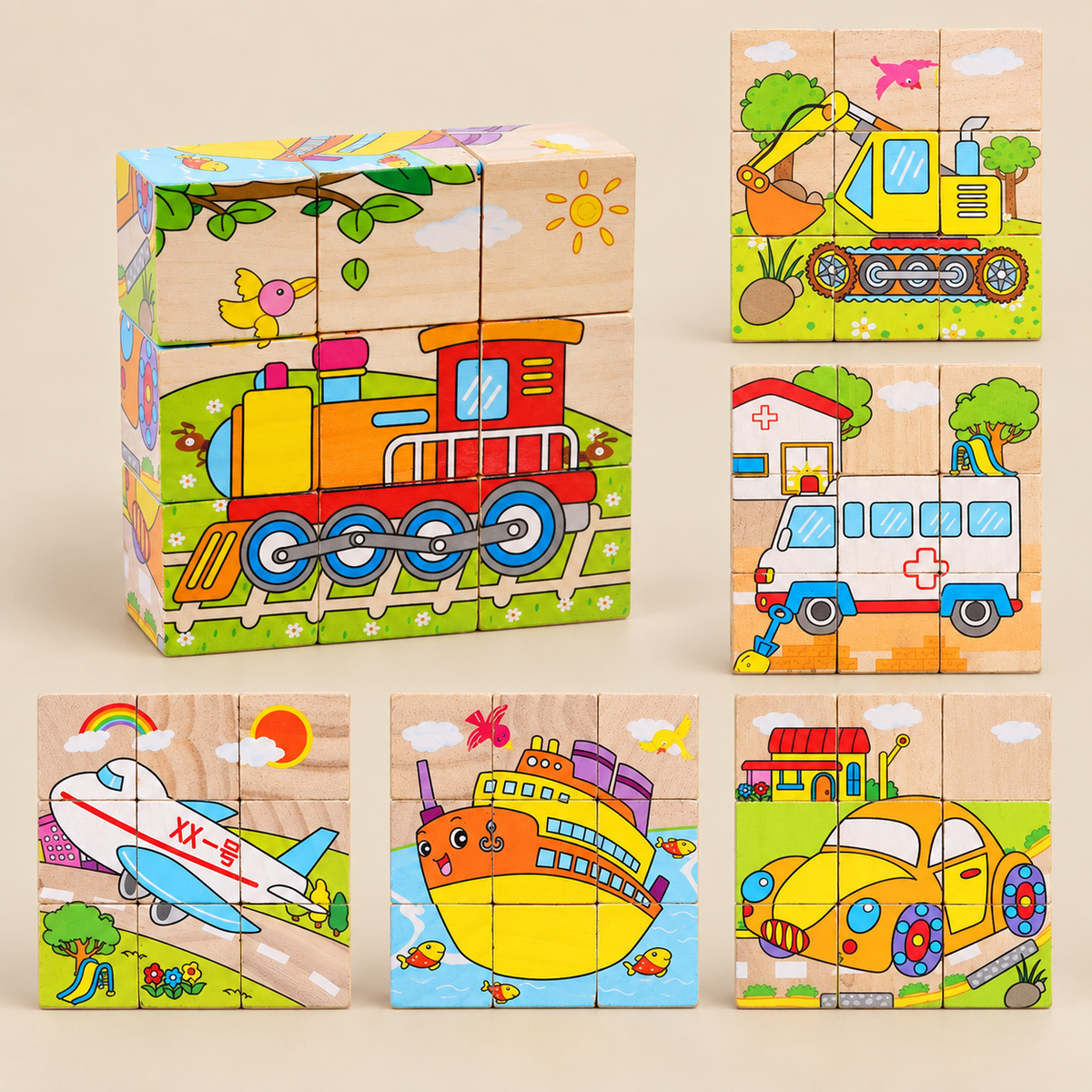 Wooden Cube Puzzle with 9 Blocks and 6 Pictures – Transport – Pivoli Toys