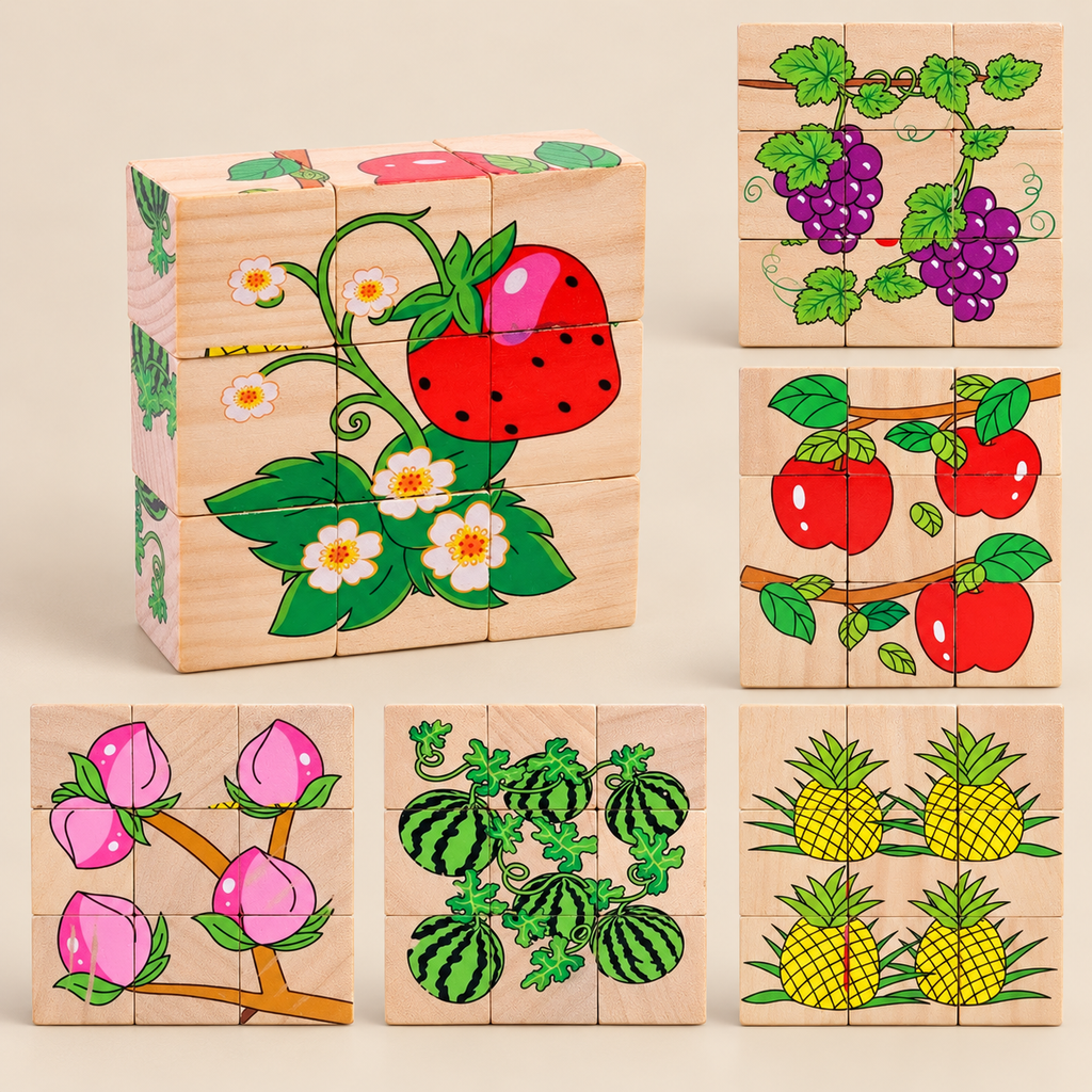 Wooden Cube Puzzle with 9 Blocks and 6 Pictures – Fruit – Pivoli Toys