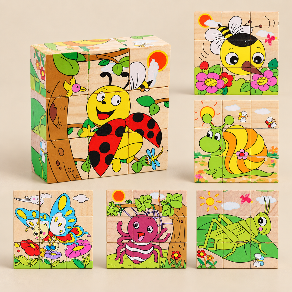 Wooden Cube Puzzle with 9 Blocks and 6 Pictures – Insects – Pivoli Toys