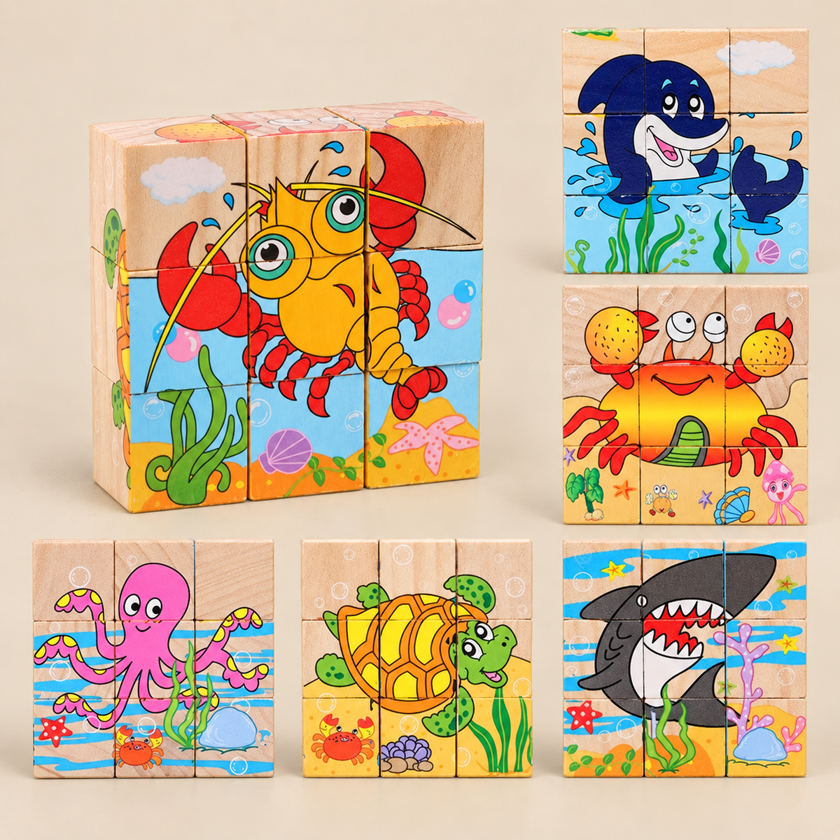Wooden Cube Puzzle with 9 Blocks and 6 Pictures – Ocean – Pivoli Toys