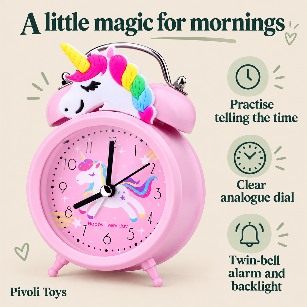 Pink Unicorn Alarm Clock for Kids benefits: Practise telling the time; Clear analogue dial; Twin-bell alarm and backlight
