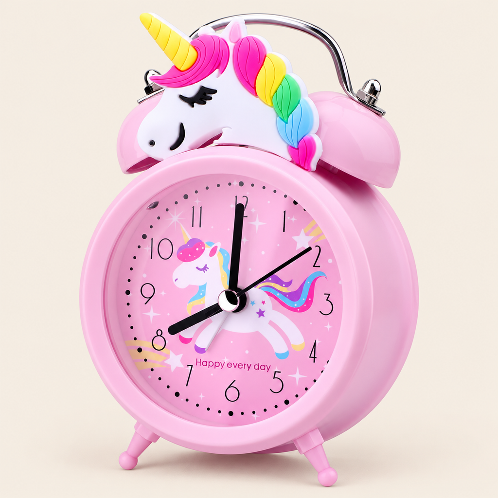 Pink unicorn alarm clock with twin bells and an analogue face