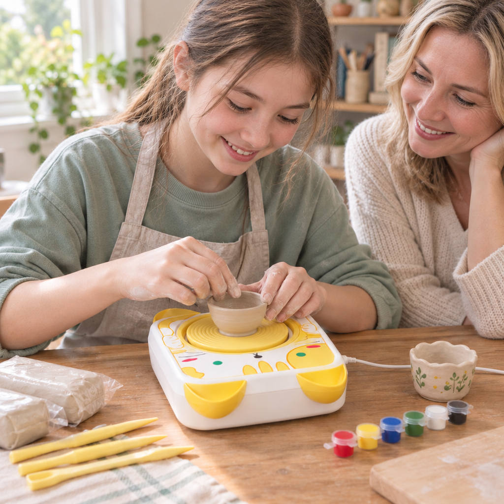 Girl shaping a clay bowl on the cat-design Mini Pottery Wheel while her mother watches, with clay, tools and paints on the table