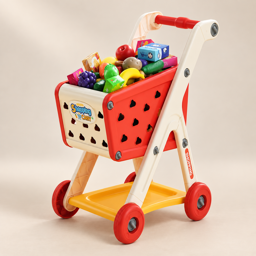 Pretend Shopping Trolley — 26-Piece Set — Pivoli Toys beige studio photograph