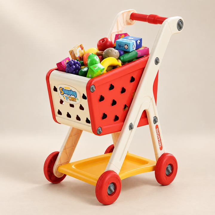 Pretend Shopping Trolley — 26-Piece Set — Pivoli Toys beige studio photograph