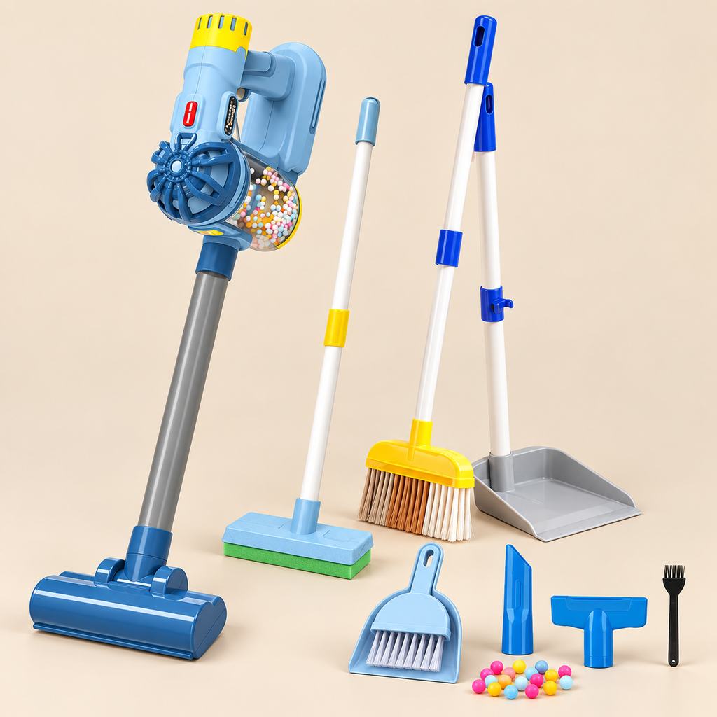 Complete blue 3-in-1 toy vacuum cleaner and cleaning set with supplied tools and attachments