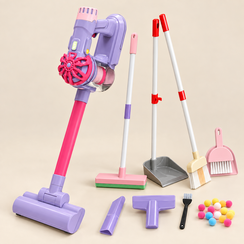 Complete purple 3-in-1 toy vacuum cleaner and cleaning set with supplied tools and attachments