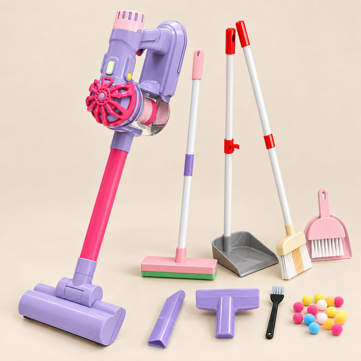 Complete purple 3-in-1 toy vacuum cleaner and cleaning set with supplied tools and attachments