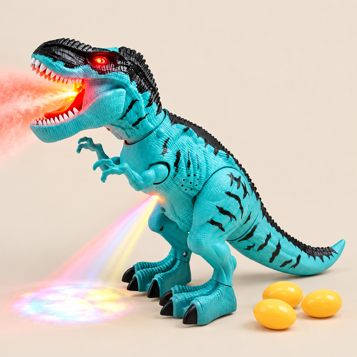 Blue walking dinosaur with illuminated water mist, floor light projection and three toy eggs