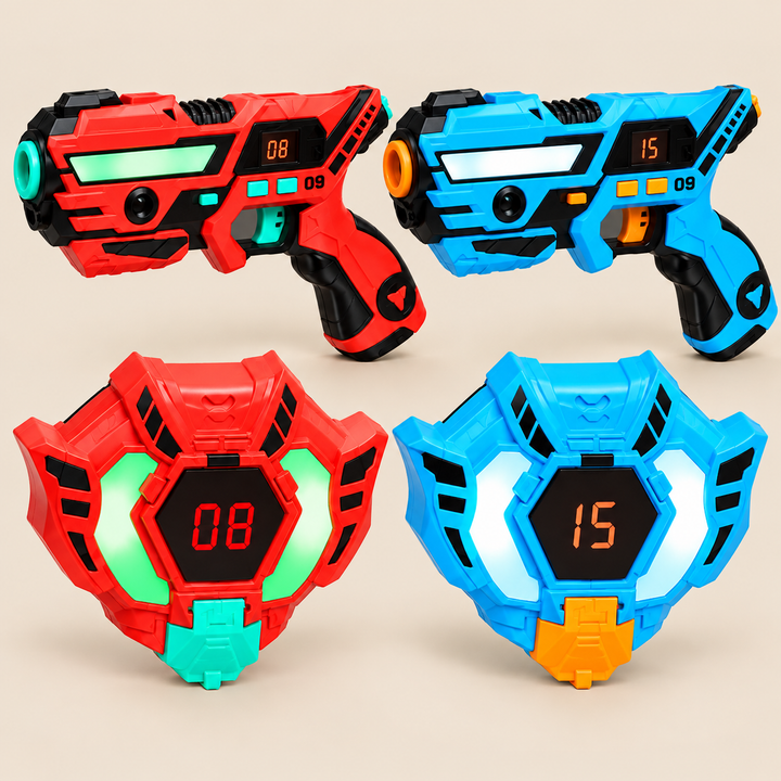 Two-player rechargeable laser tag set with red and blue blasters and chest targets
