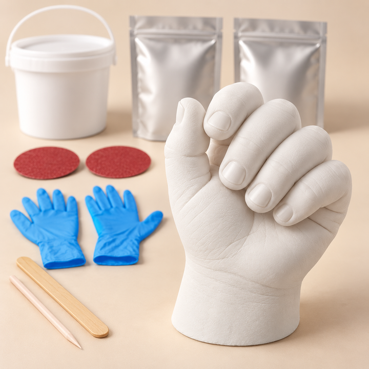 White three-dimensional plaster keepsake of a child's small hand
