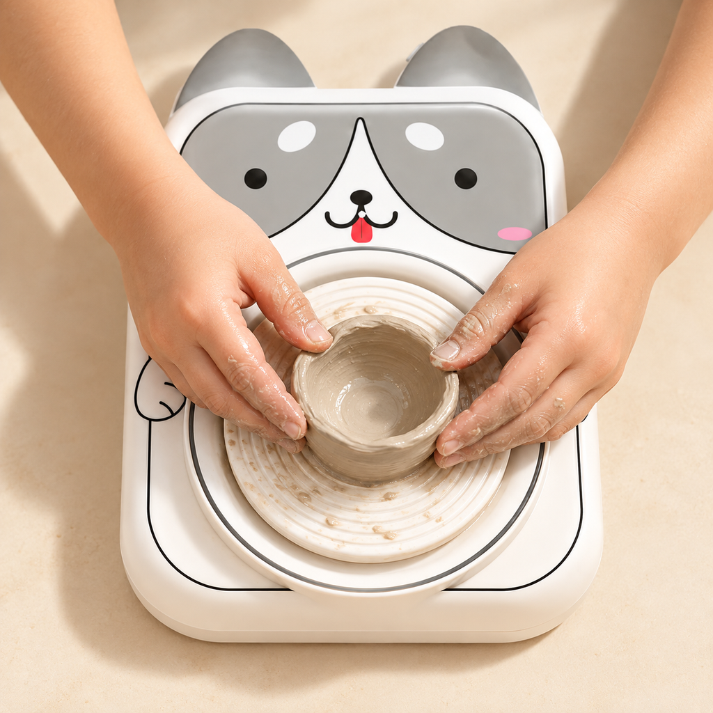 Child's hands shaping a small clay bowl on the dog-design mini pottery wheel