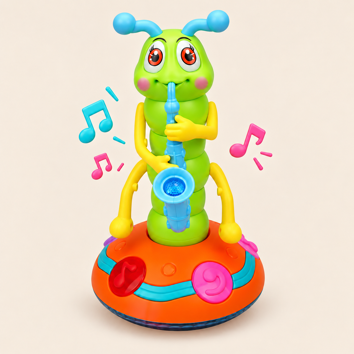 Dancing saxophone caterpillar toy with musical notes showing its music feature