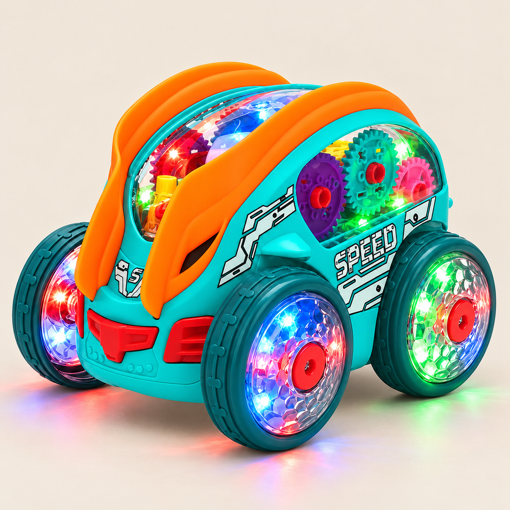 Transparent stunt car illuminated with coloured lights in its wheels and gear housing