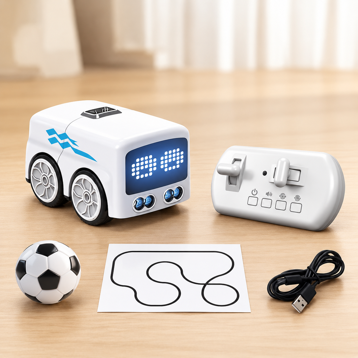 White remote-control mini bus with controller, football, track sheet and USB cable