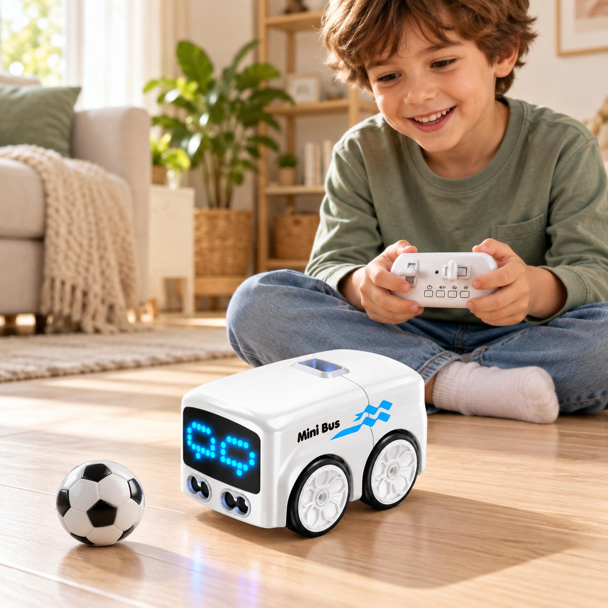 Child using the remote control mini bus with led face in a home play setting