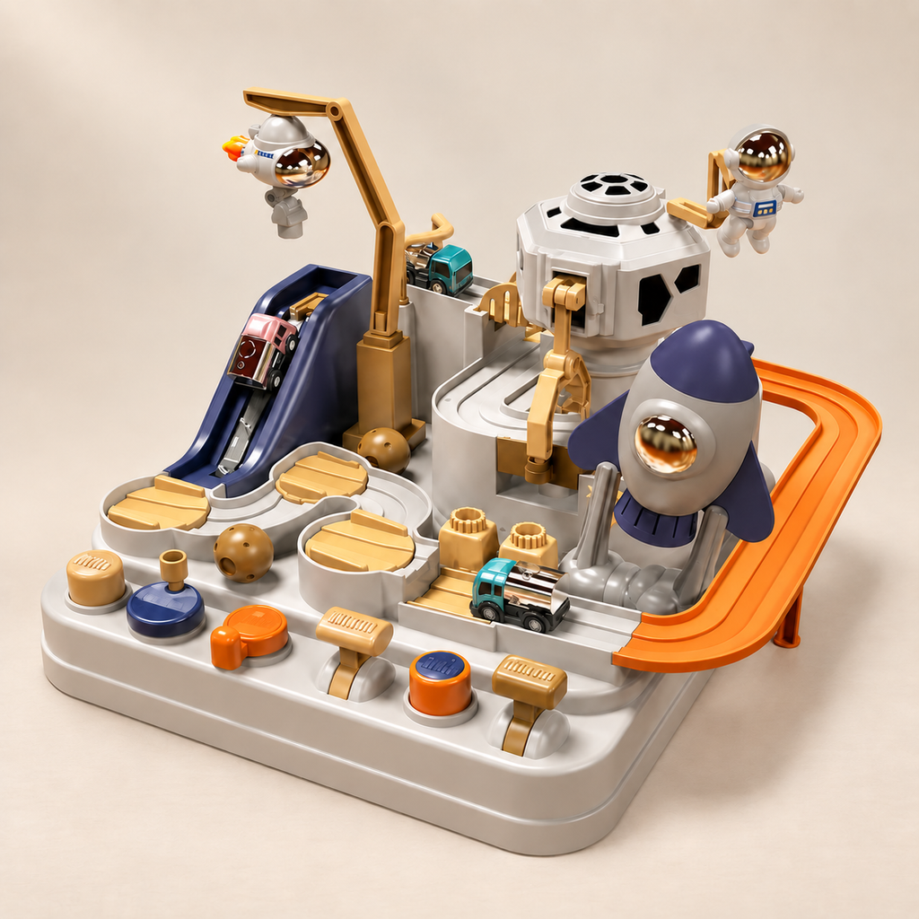 Space Adventure Mechanical Car Track — Pivoli Toys beige studio photograph