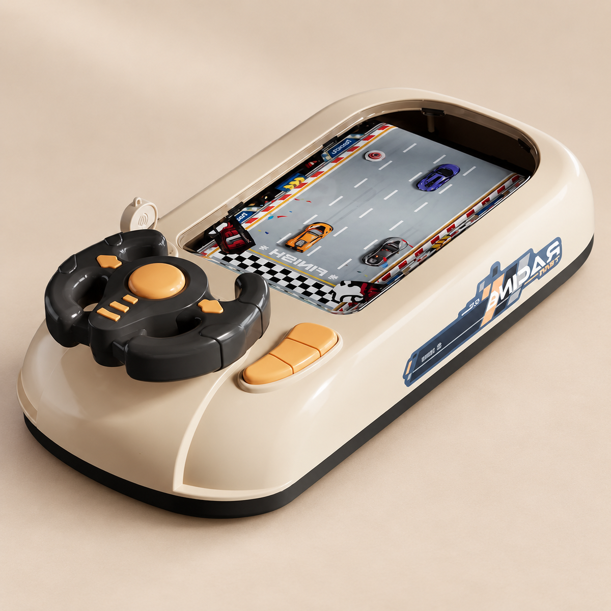 White steering wheel racing game on the Pivoli beige studio background