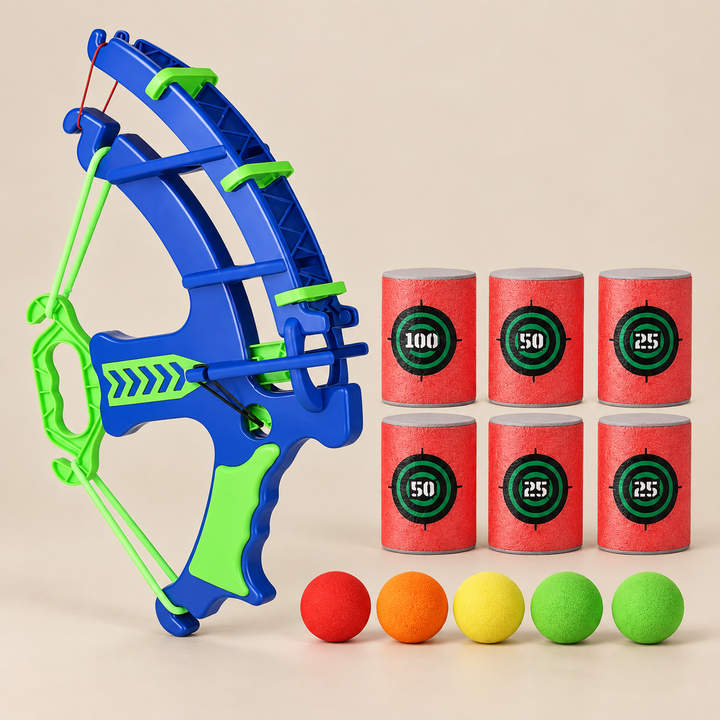 Soft Ball Target Shooting Game with Toy Crossbow on a warm beige studio background
