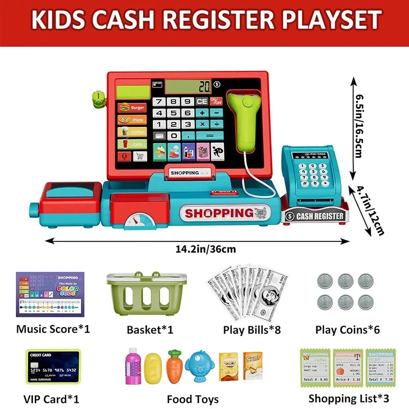 Red toy cash register dimensions and included shop accessories