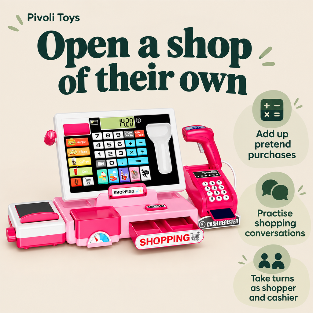Toy Cash Register with Working Calculator benefits: Add up pretend purchases; Practise shopping conversations; Take turns as shopper and cashier