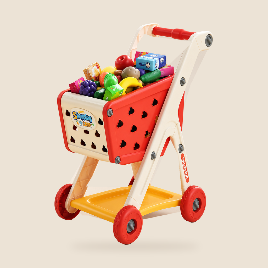 Toy Shopping Trolley with Play Food, 26 Pieces – Red – toy-only studio photograph