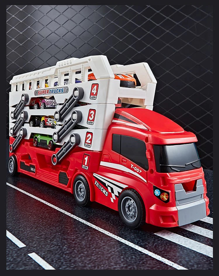 Close view of the car transporter and its stacked vehicle storage