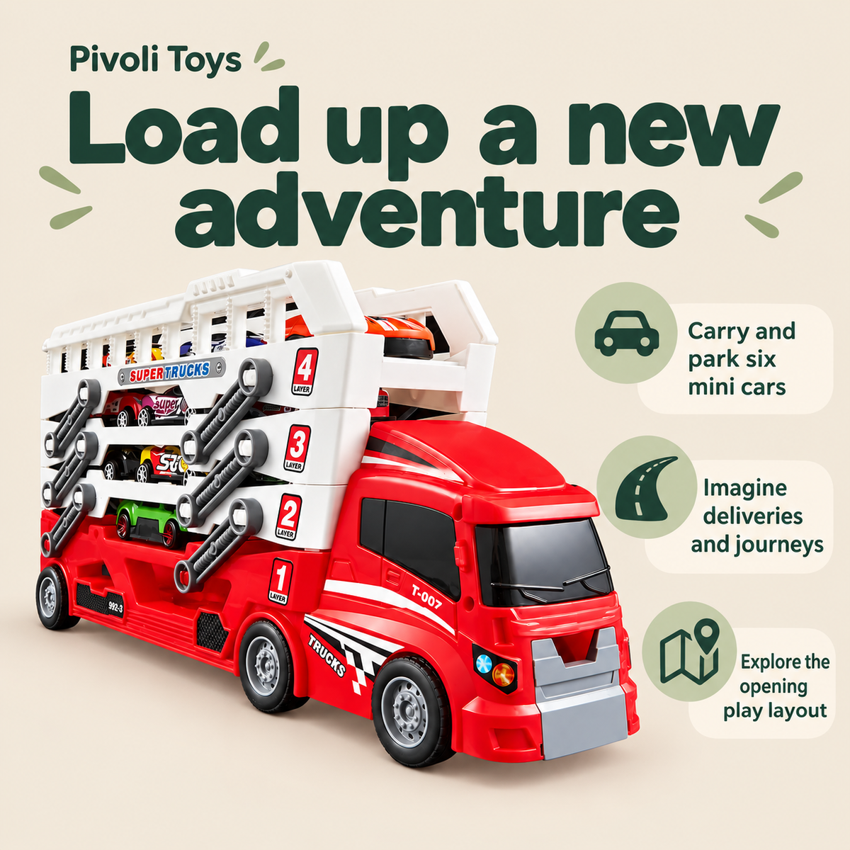Transforming Car Transporter Toy with 6 Cars benefits: Carry and park six mini cars; Imagine deliveries and journeys; Explore the opening play layout