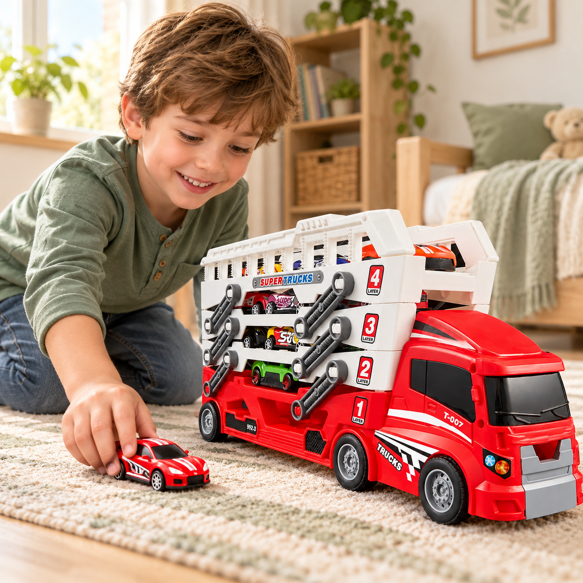 Child using the transforming car transporter toy with 6 cars in a home play setting