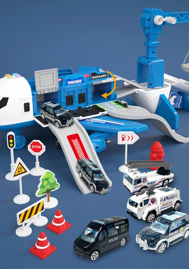 Police aeroplane playset ramps, crane and miniature vehicles
