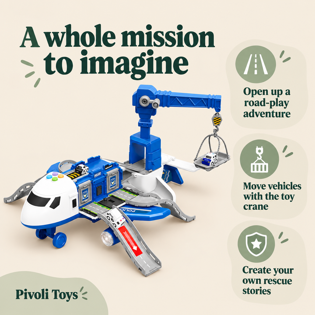 Transforming Toy Aeroplane Playset benefits: Open up a road-play adventure; Move vehicles with the toy crane; Create your own rescue stories
