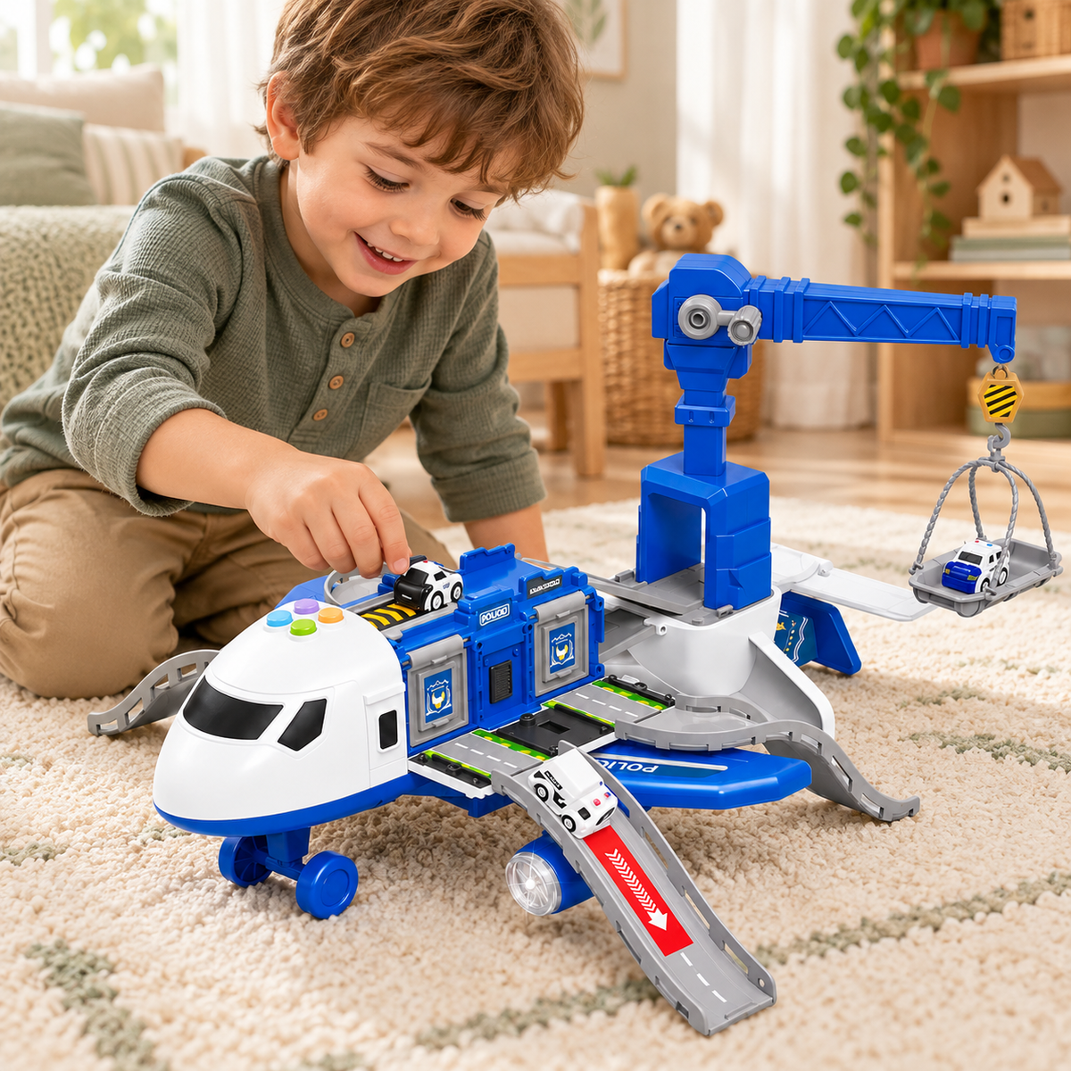 Child using the transforming toy aeroplane playset in a home play setting