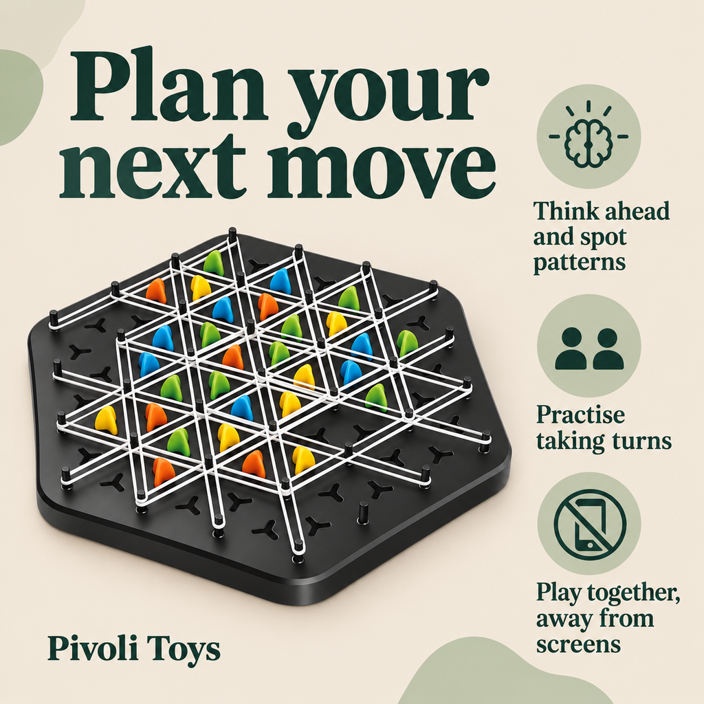 Triangle Strategy Board Game benefits: Think ahead and spot patterns; Practise taking turns; Play together, away from screens
