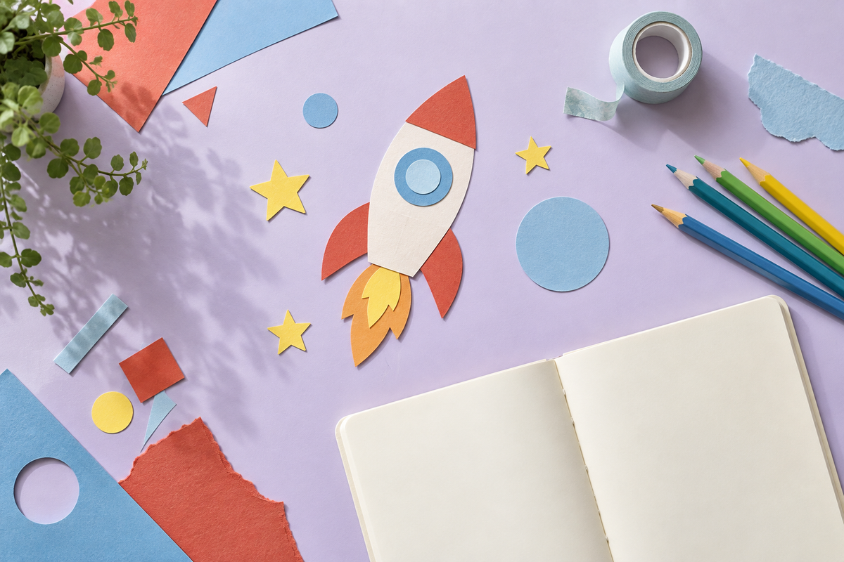 A handmade paper rocket, stars and drawing materials