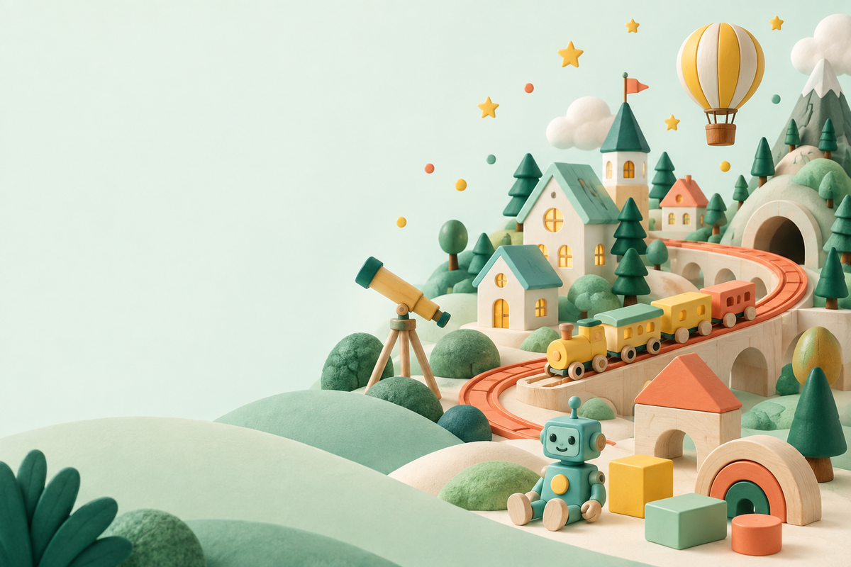 Illustrated wooden toy village with a train, a telescope, a smiling robot and colourful little houses, the Pivoli Toys world of play