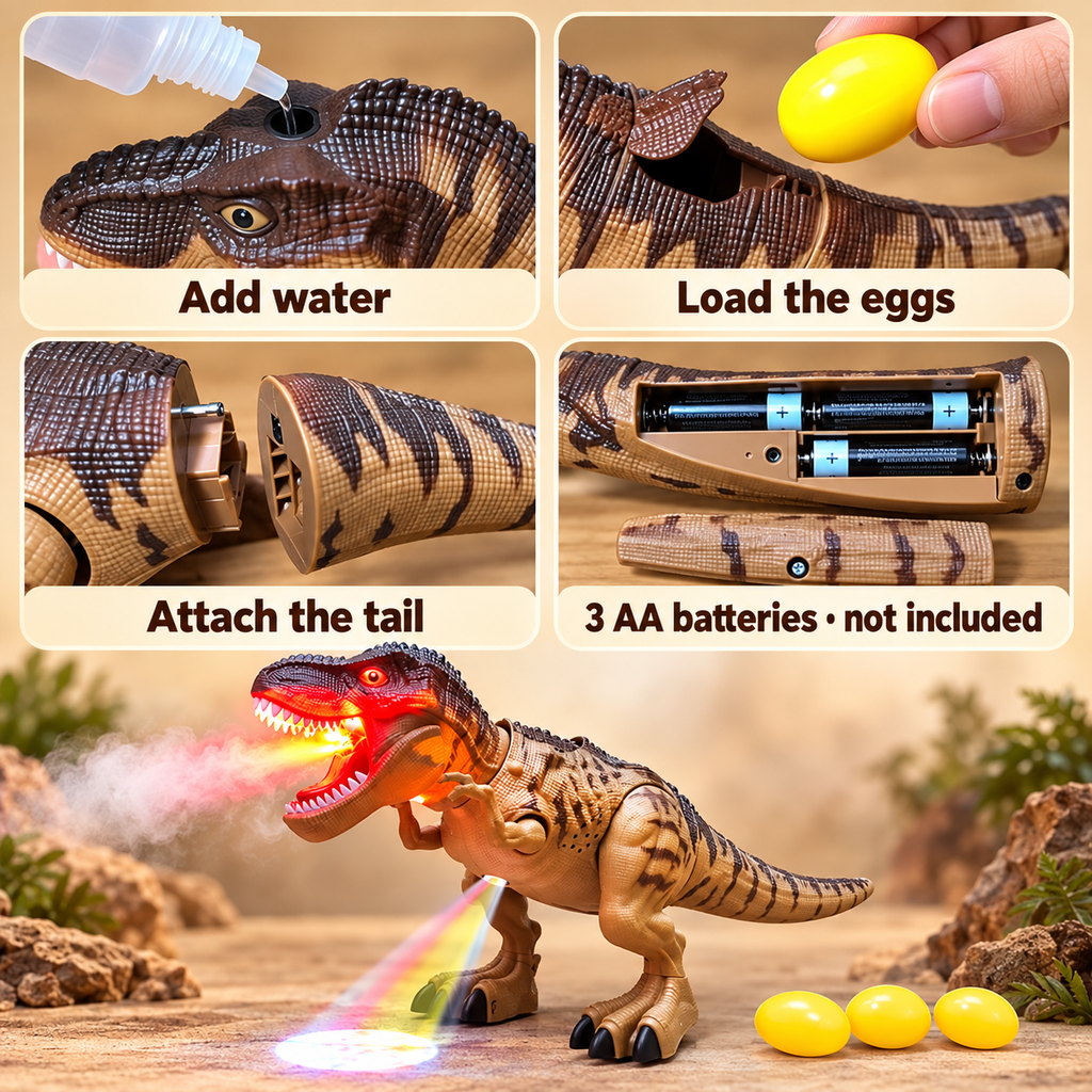 Dinosaur toy details showing water refill, egg loading, tail attachment and battery compartment