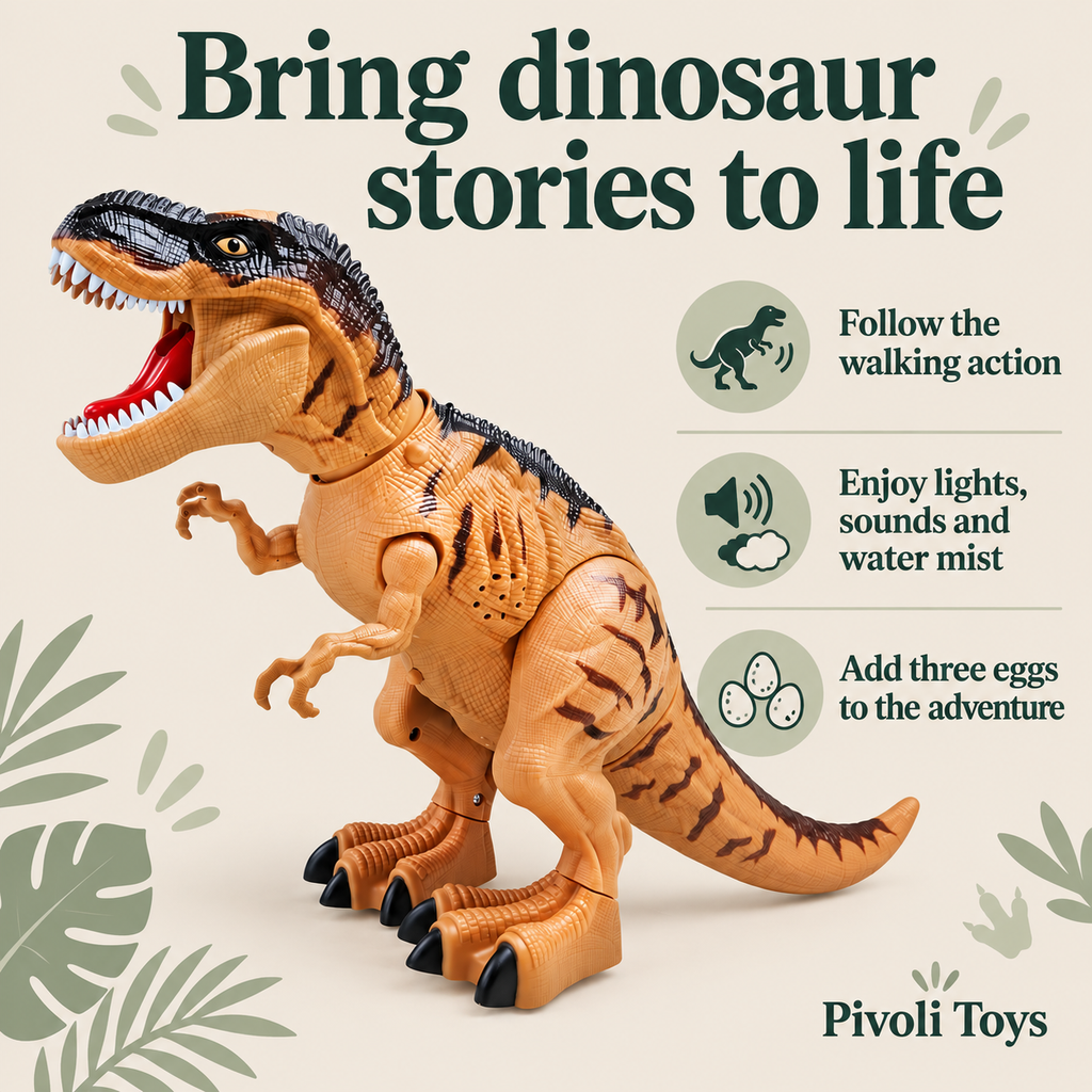 Walking Dinosaur Toy with Mist and Eggs benefits: Follow the walking action; Enjoy lights, sounds and water mist; Add three eggs to the adventure
