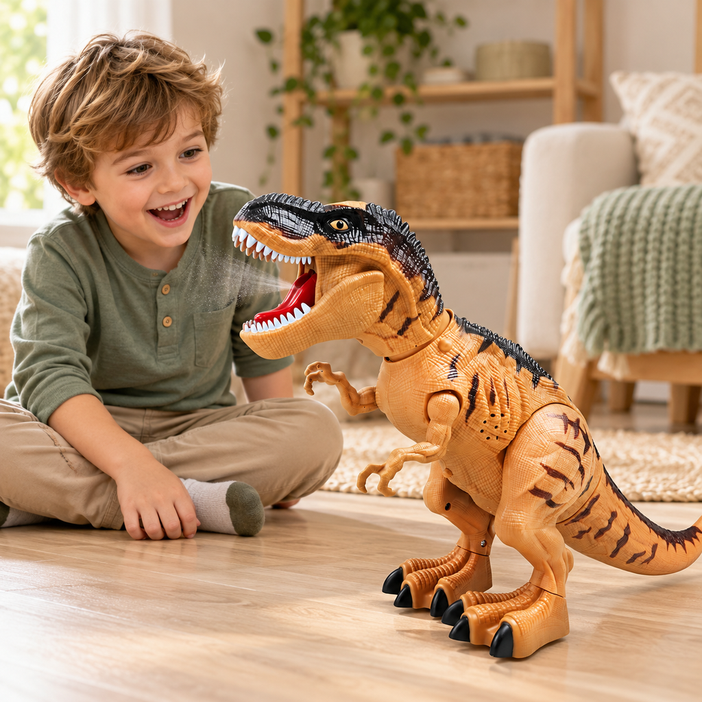 Child using the walking dinosaur toy with mist and eggs in a home play setting
