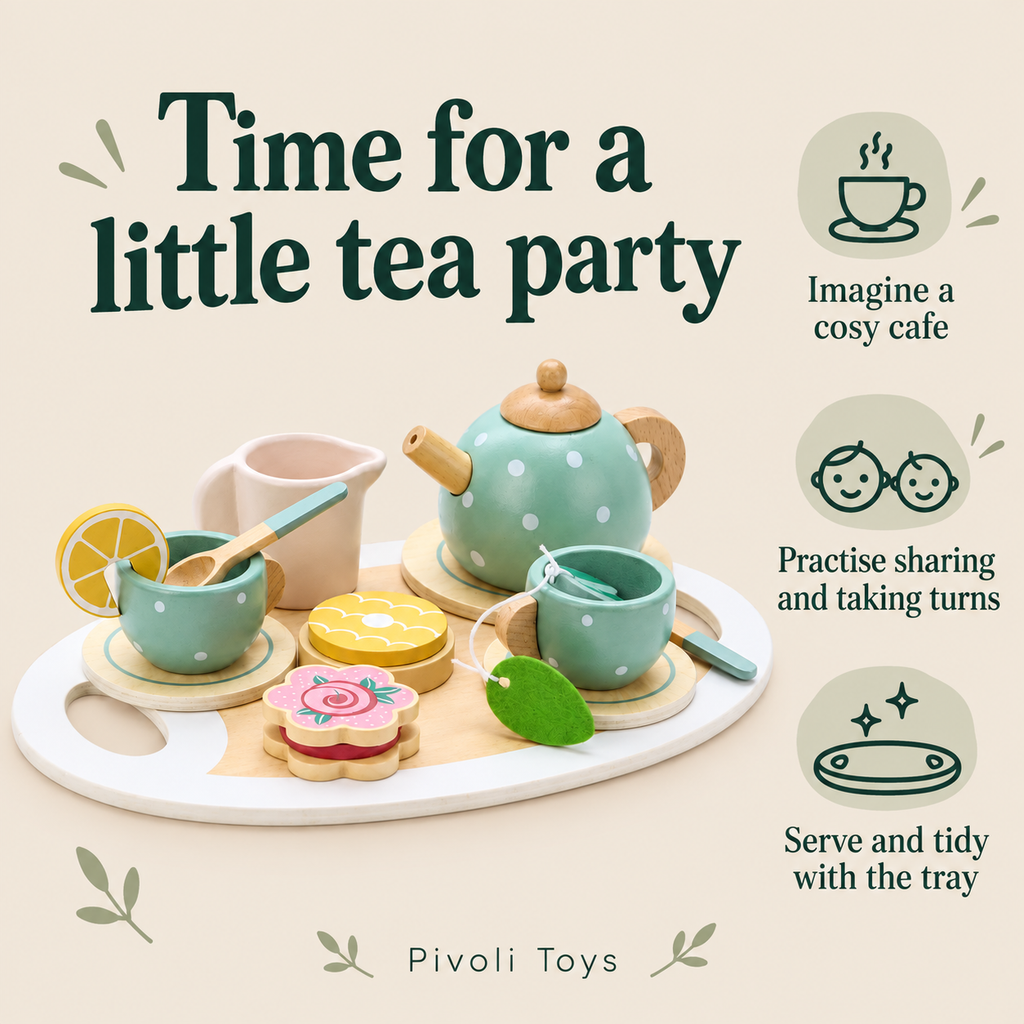 Wooden Afternoon Tea Set benefits: Imagine a cosy cafe; Practise sharing and taking turns; Serve and tidy with the tray