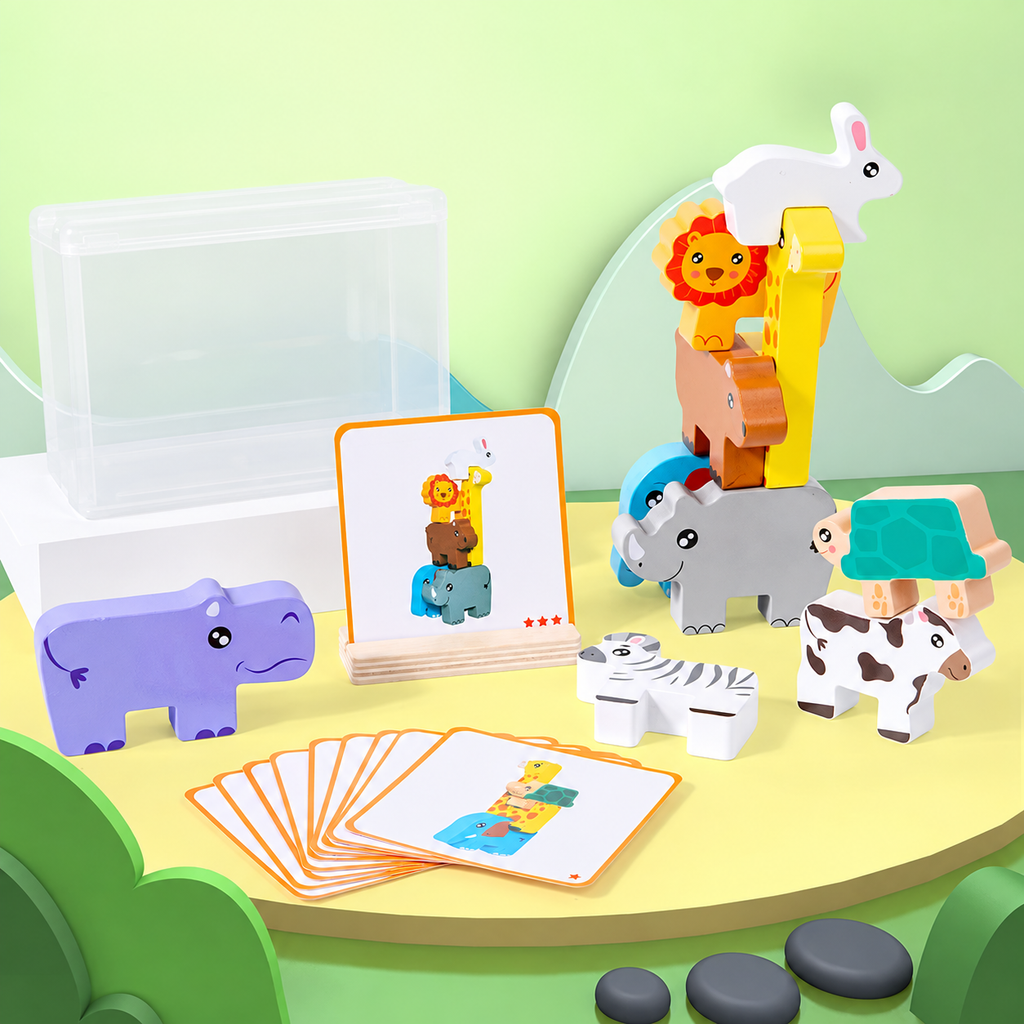 Wooden animal blocks stacked to match a challenge card