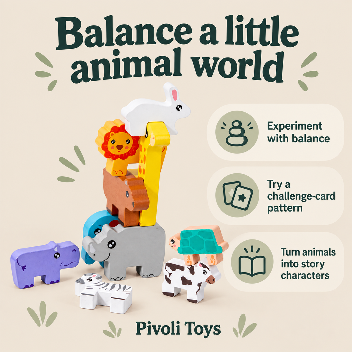 Wooden Animal Stacking Game benefits: Experiment with balance; Try a challenge-card pattern; Turn animals into story characters