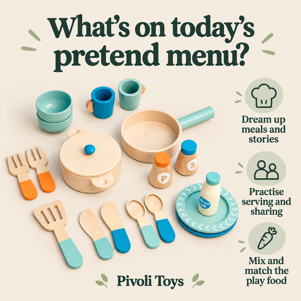 Wooden Cooking Set with Play Food benefits: Dream up meals and stories; Practise serving and sharing; Mix and match the play food