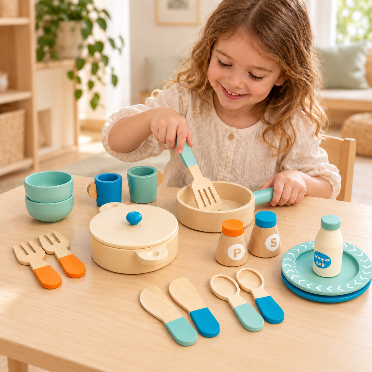 Child using the wooden cooking set with play food in a home play setting