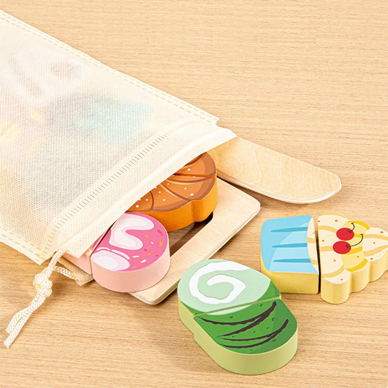Wooden cutting desserts, play knife and fabric storage pouch
