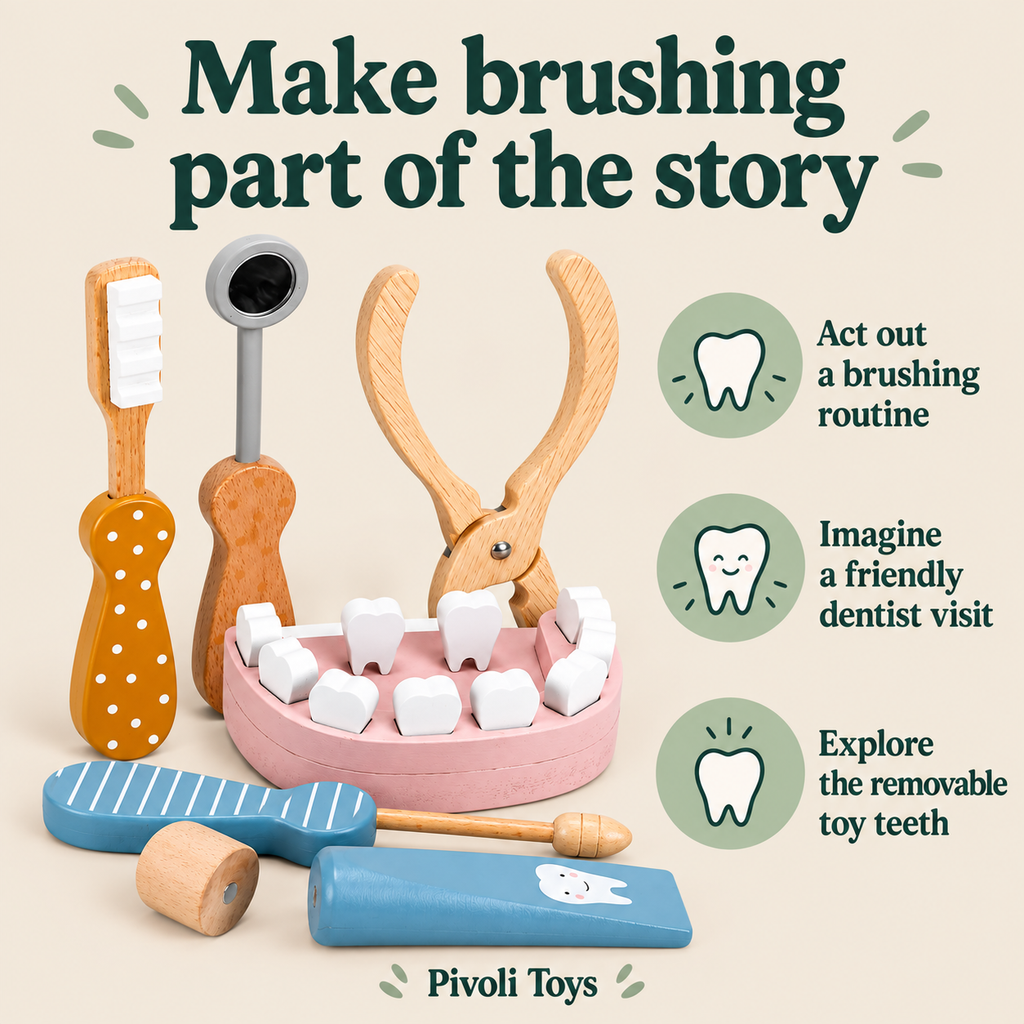 Wooden Dentist Play Set benefits: Act out a brushing routine; Imagine a friendly dentist visit; Explore the removable toy teeth