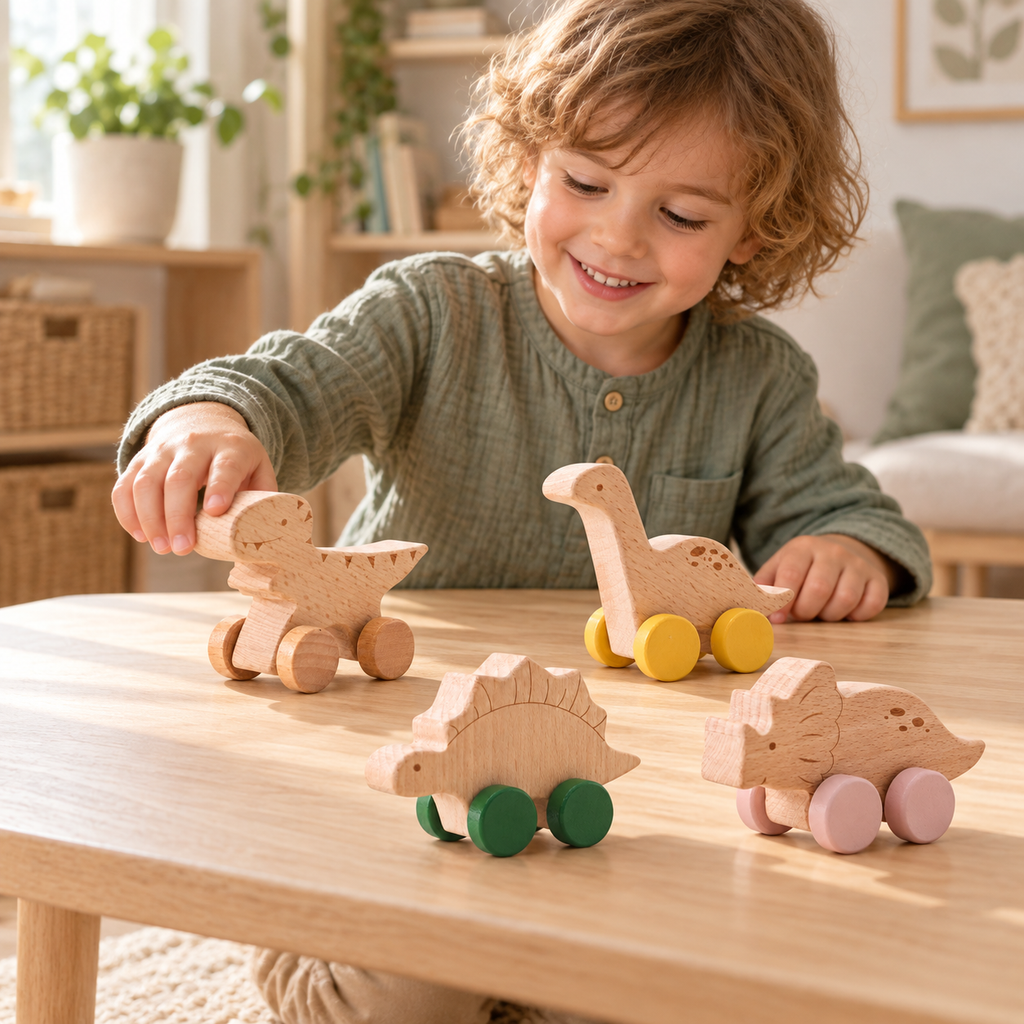 Child using the wooden dinosaur push-along cars - set of 4 in a home play setting