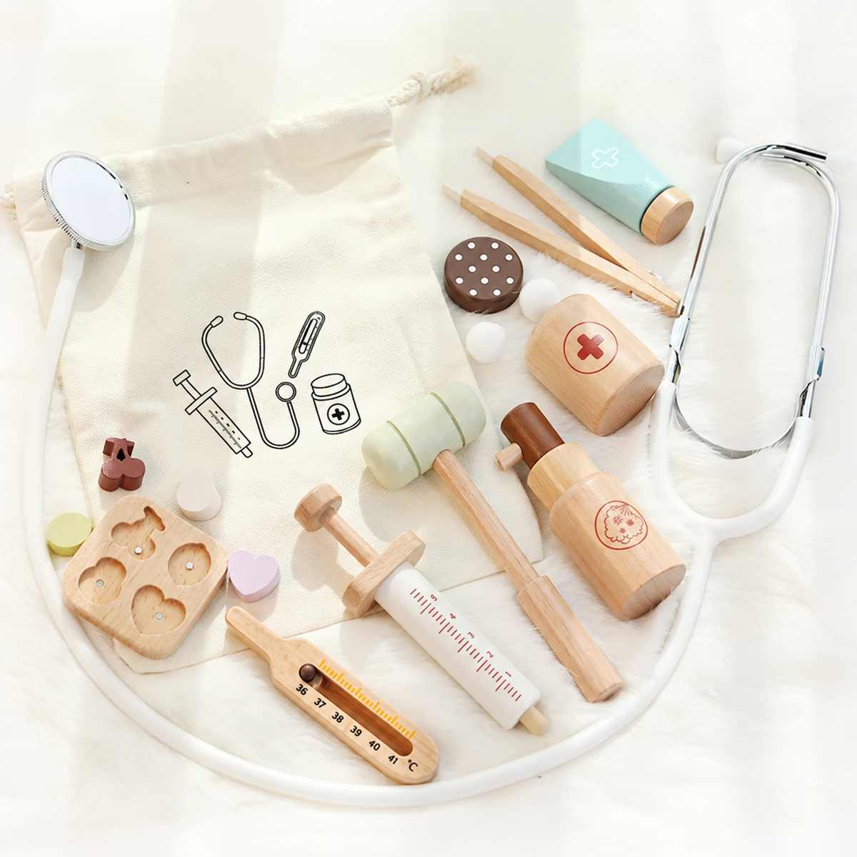 Wooden doctor's kit with stethoscope and pretend medical tools