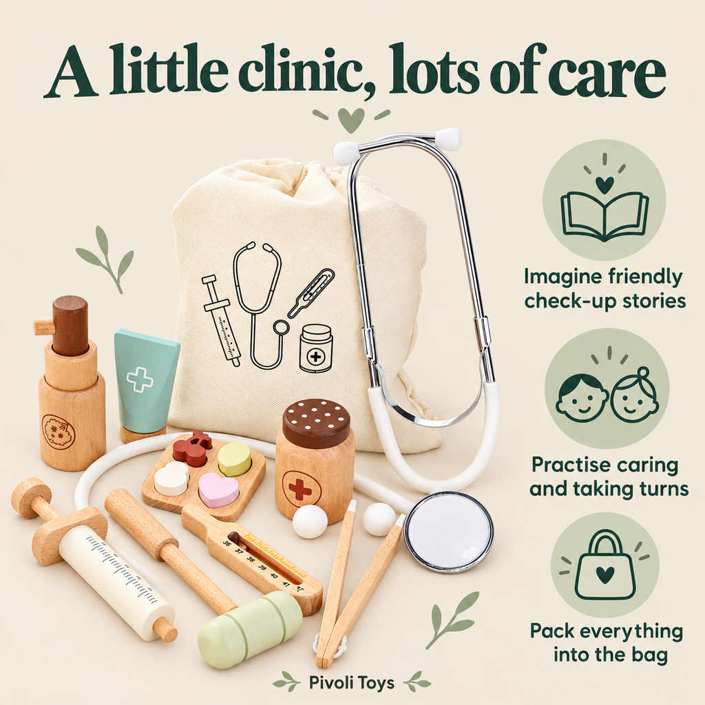 Wooden Doctor's Kit benefits: Imagine friendly check-up stories; Practise caring and taking turns; Pack everything into the bag