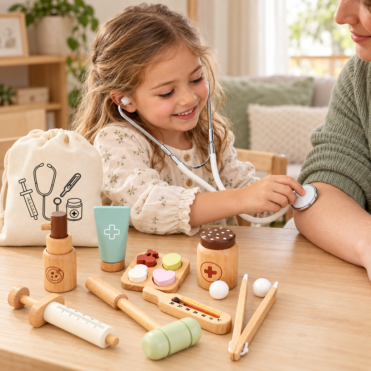 Child using the wooden doctor's kit in a home play setting